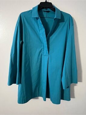 Lafayette 148 New York Turquoise Blue Split Neck Tunic Top Size L